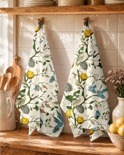 100% Cotton Flour Sack Kitchen Towels, Lemon Birds Print, 18"x26", Set of 2