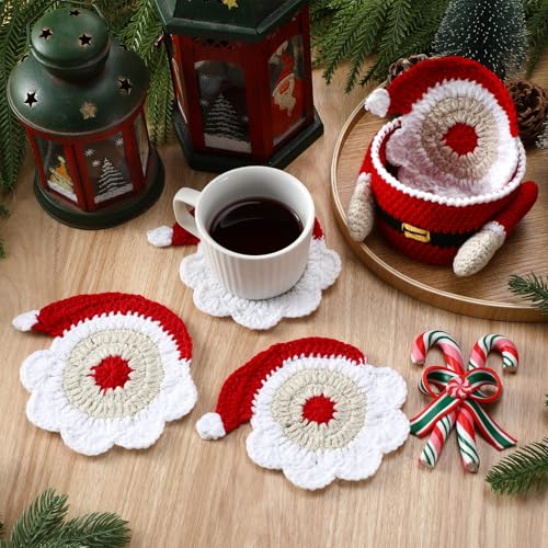 Santa Claus Crochet Coaster Set with Storage Basket – 5 Pcs Christmas Coasters (Windkream) – includes 1 storage basket and 4 coasters