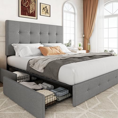 Queen Size Upholstered Platform Bed Frame with 4 Storage Drawers