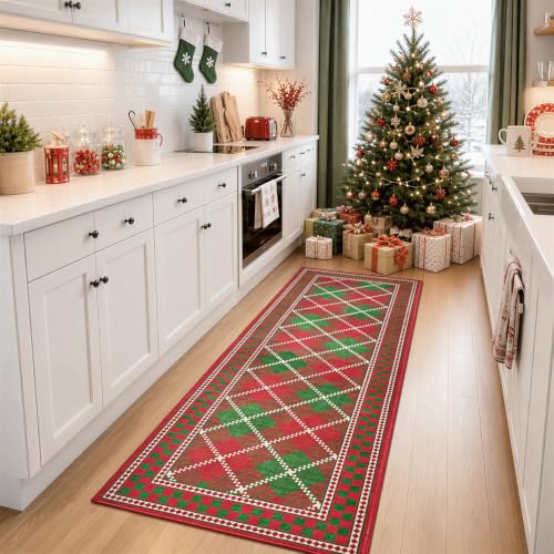Terrug Christmas Red & Green Plaid 2' x 6' Runner Rug with Non-Slip Backing