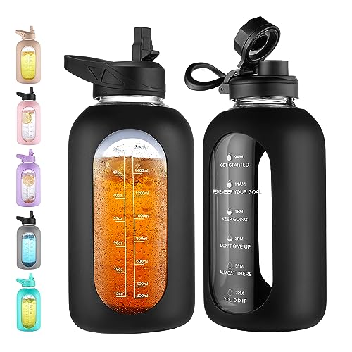 64 oz Glass Water Bottle with Time Marker & Silicone Sleeve