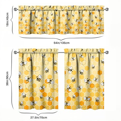 Bee Kitchen Curtains and Valances Set - 3pcs Light Filtering Drapes 27.5x36 inch