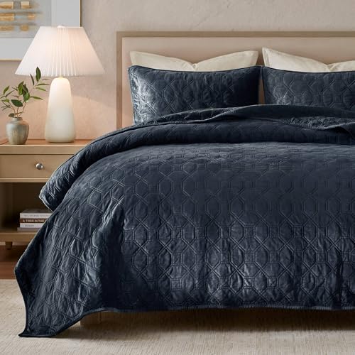 Navy King Velvet Quilt Set - Geometric Design, 3pc Bedding