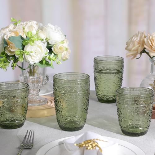 Green 14oz Drinking Glasses Set - Vintage Embossed Glassware, 6-Pack