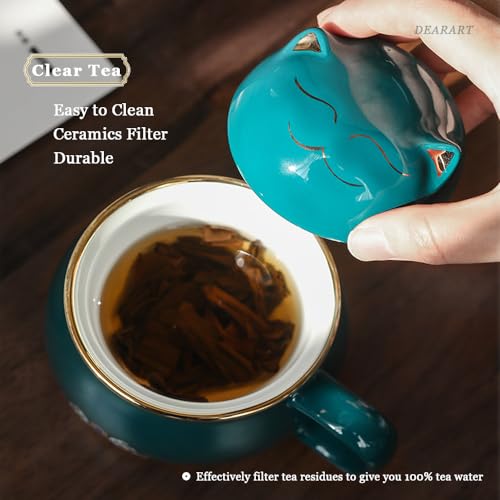 DEARART Green Cat Tea Cup with Lid & Filter 10.8oz Ceramic Mug for Tea Coffee