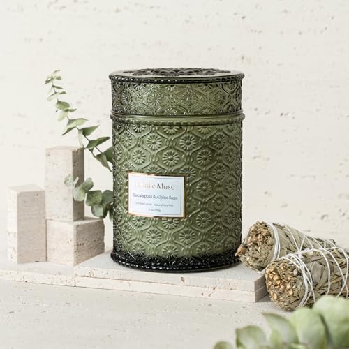 Eucalyptus Sage Scented Soy Wax Candle - 19 oz Large Jar with Wood Wick