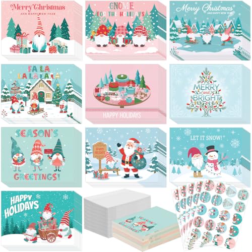 Engrowtic Christmas Gnome Greeting Cards Set with Envelopes & Seals - 10 Assorted Holiday Designs