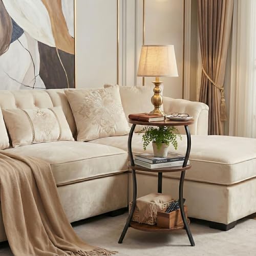 3-Tier Round Side Table, Industrial Compact End Table for Small Spaces