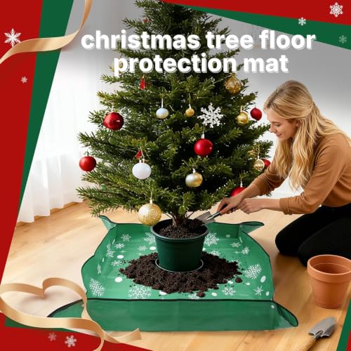 Joewuzun 39-Inch Waterproof Christmas Tree Mat with Snowflake Print, Green Floor Protector for Holiday Decor