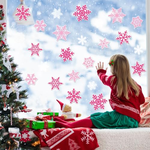 Whaline 30Pcs Pink White Snowflake Thick Gel Clings Christmas Winter Window Gel Decals for Xmas Winter Party Home School Office Decor