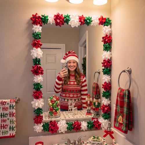 Christmas Mirror Bows Set 48 Pcs - Red, Green & White Self-Adhesive 2 Sizes