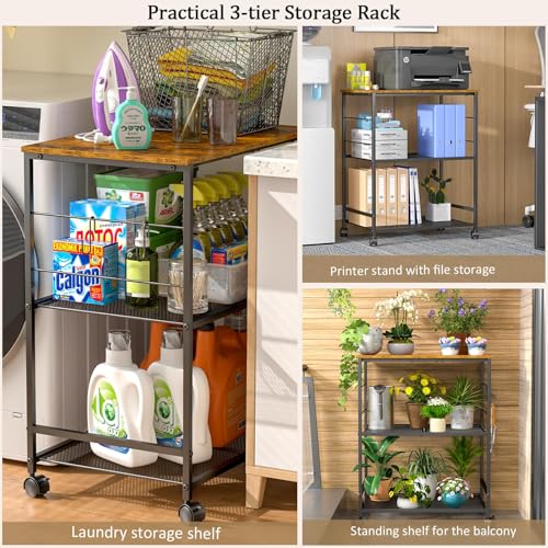3-Tier Rolling Kitchen Microwave Cart with Lockable Wheels & Hooks