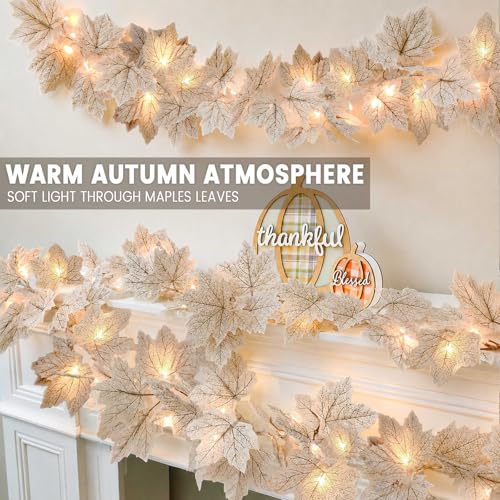 Lighted White Maple Leaf Fall Garland - 2 Pack, 13ft 40 LED String Lights