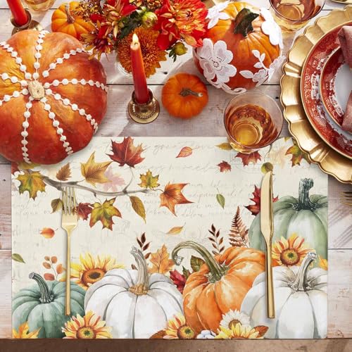 HELLOWINK Set of 6 Fall Pumpkin Placemats - Orange & Green Autumn Table Mats