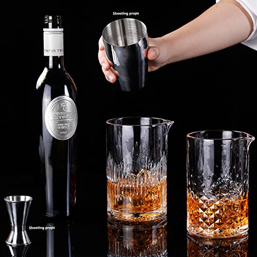 SogYupk 2-Pack Cocktail Mixing Glasses 24oz - Engraved Lead-Free Crystal with Weighted Base & Diamond Grip - Professional Barware Set (Different Sizes)