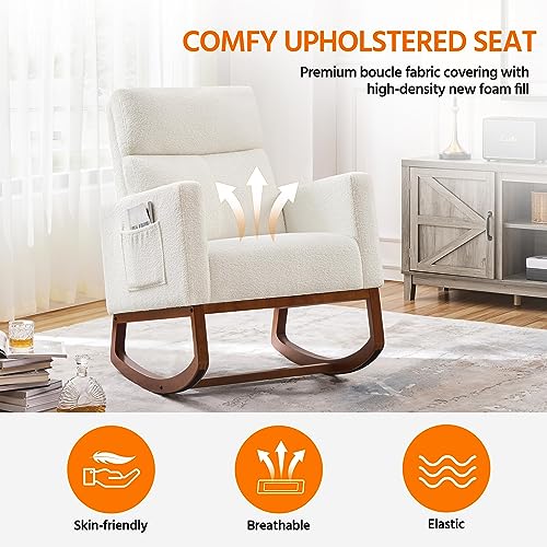 Ivory Boucle Padded Rocking Chair with Side Pockets and Wood Base