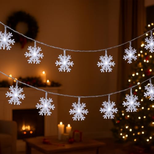 Geefuun 2-Pack 100 LED Winter Snowflake String Lights, White, 42.6 ft