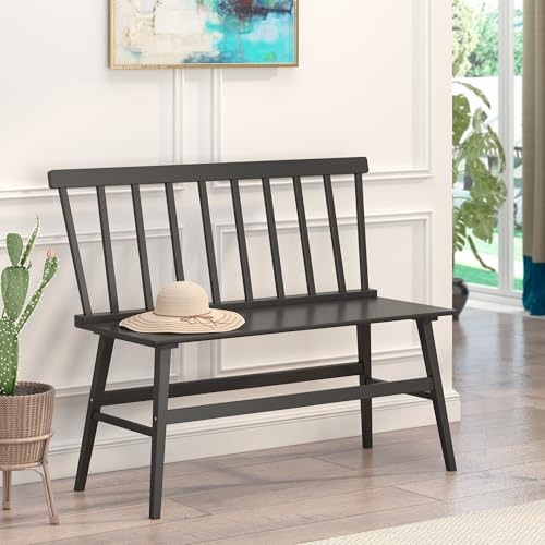 Farmhouse Spindle Back Dining Bench - Durable Black Rubber Wood Seating