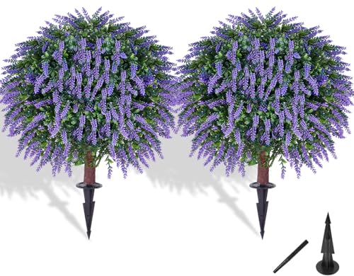 24-Inch Artificial Lavender Topiary Ball Tree Set - UV Resistant Faux Plant