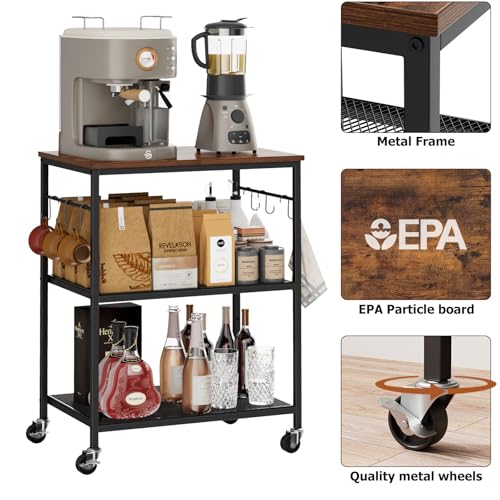 3-Tier Rolling Kitchen Utility Cart with Microwave Shelf and 6 Hooks