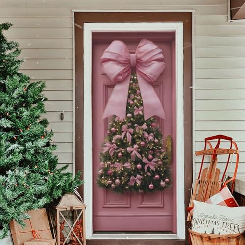 Burbuja 35 x 79 in Pink Bow Christmas Door Cover - Stretch Fabric Backdrop for Home Holiday Decor