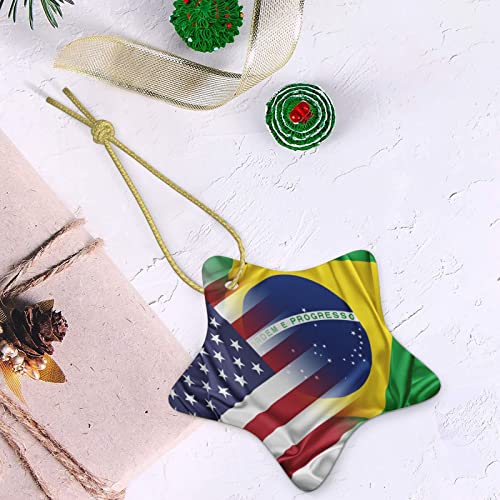 USA Brazil Flag Christmas Tree Ornament Ceramic Double-Sided Hanging Décor - One Size