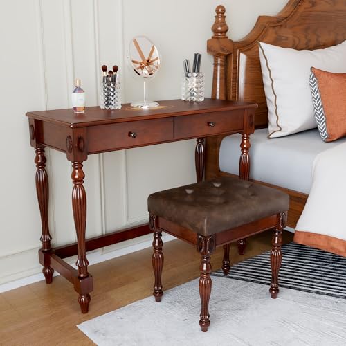 Vintage Wood Writing Desk and Button-Tufted Stool Set with 2 Drawers