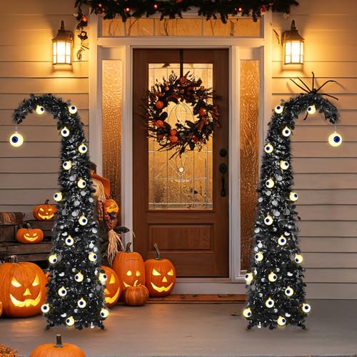 5FT Black Pop-Up Halloween Tree with Eyeball String Lights & Timer