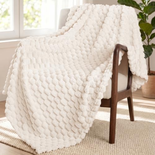 Exclusivo Mezcla 3D Plush Fleece Throw Blanket for Couch - Ivory, 50x70 In