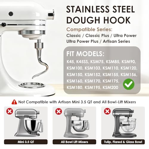 Stainless Steel Spiral Dough Hook for 4.5/5QT Tilt-Head Stand Mixers