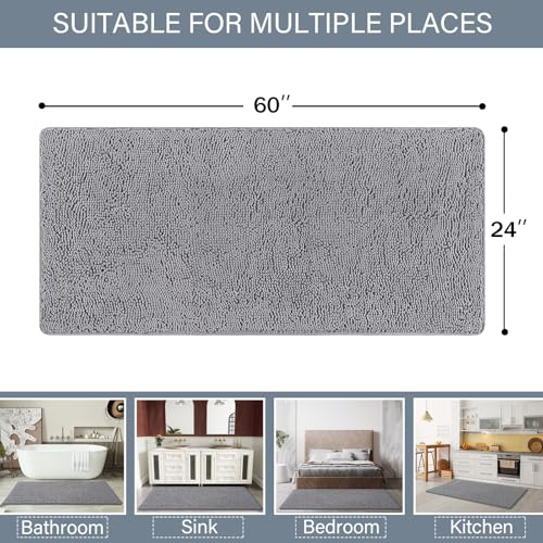 LOCHAS Luxury Shaggy Bath Mat 24 x 60 Inch Gray Non-Slip Absorbent Rug