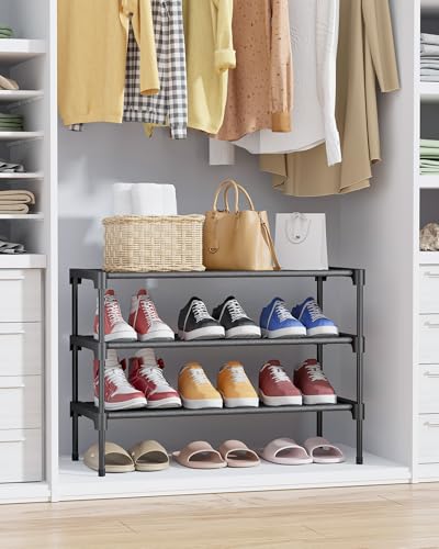 Kitsure 3-Tier Stackable Shoe Rack - 27.5" Wide Black Metal & Fabric Shelf
