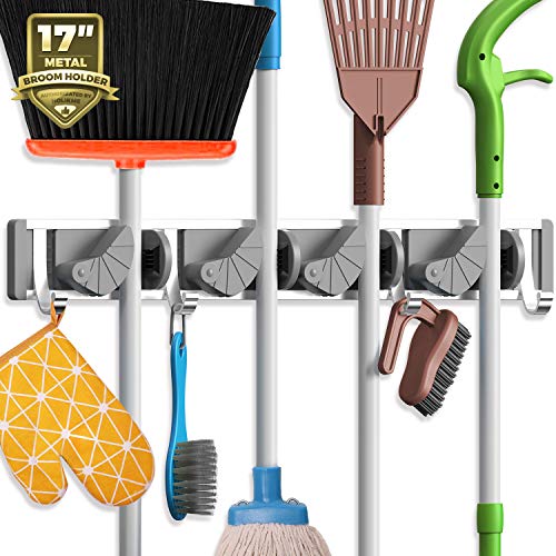 Metal Broom and Mop Holder Wall Mount Organizer with 4 Slots and 4 Hooks