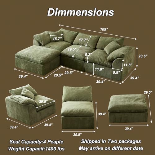 Oversized Modular Cloud Sectional Sofa with Chaise Lounge in Green Chenille