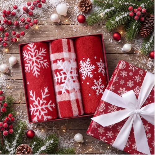 SmoothNovelty 3 Pcs Christmas Hand Towels - Red Snowflake Embroidered Set, 13.78 x 29.53 in