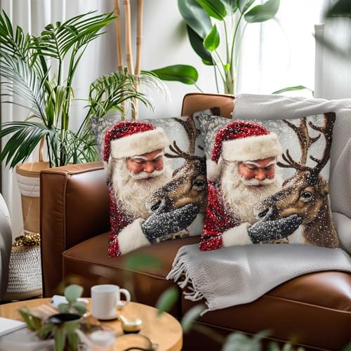 Santa Throw Pillow Covers Set of 2 | 18x18 Inches Cushion Cases for Couch, Sofa, Bedroom and Living Room | Christmas Pillowcases for Home Decoration