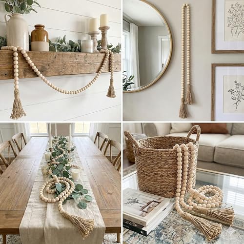 58-Inch Wood Bead Garland with Jute Tassels, Boho Farmhouse Table Decor