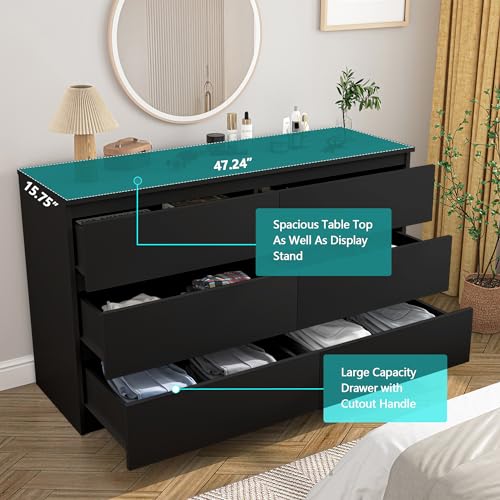 6-Drawer Double Dresser, Modern Black Storage Chest for Bedroom