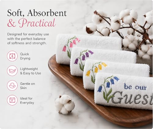 Embroidered Cotton Washcloths - 13x13 Inch Guest Towels, Set of 4