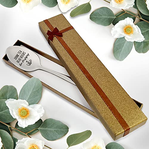 Engraved Stainless Steel Tea Spoon Gift for Book Lovers — Drink Tea Read Books Be Happy — Birthday, Christmas, Graduation Gift — 7 Inch