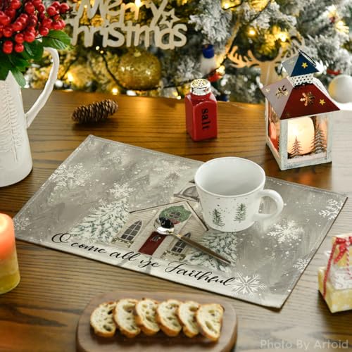 Artoid Mode 12" x 18" Placemats Set of 4 - Christmas Snowflake & Merry Xmas Decor, 100% Polyester