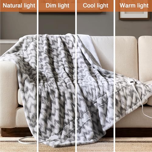 Chevron Faux Fur Electric Heated Throw Blanket, 50x60, Grey