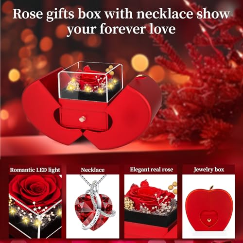 Preserved Real Red Rose in Apple Jewelry Box with I Love You Necklace