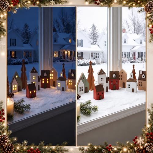 Lighted Wooden Christmas Village Set - 9 Piece Holiday Tabletop Decor