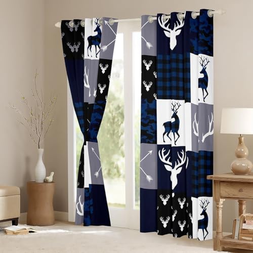 Manfei Camo Deer Antlers Blackout Curtains 52x84 in - 2 Panel Grommet Set, Blue Grey Plaid Patchwork