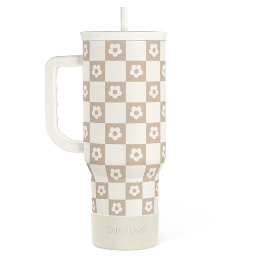SANDJEST Checker Tumbler with Handle and Straw 40oz – Stainless Sleel Slider Tumbler Travel Coffee Mug for Women - Gift Idea for Birthday Christmas