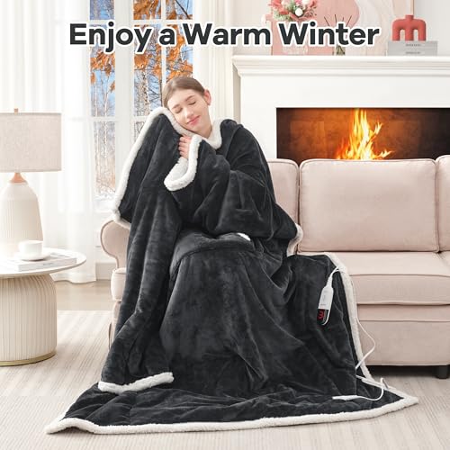 Heated Wearable Blanket with Foot Pocket & Sleeves - Electric Throw