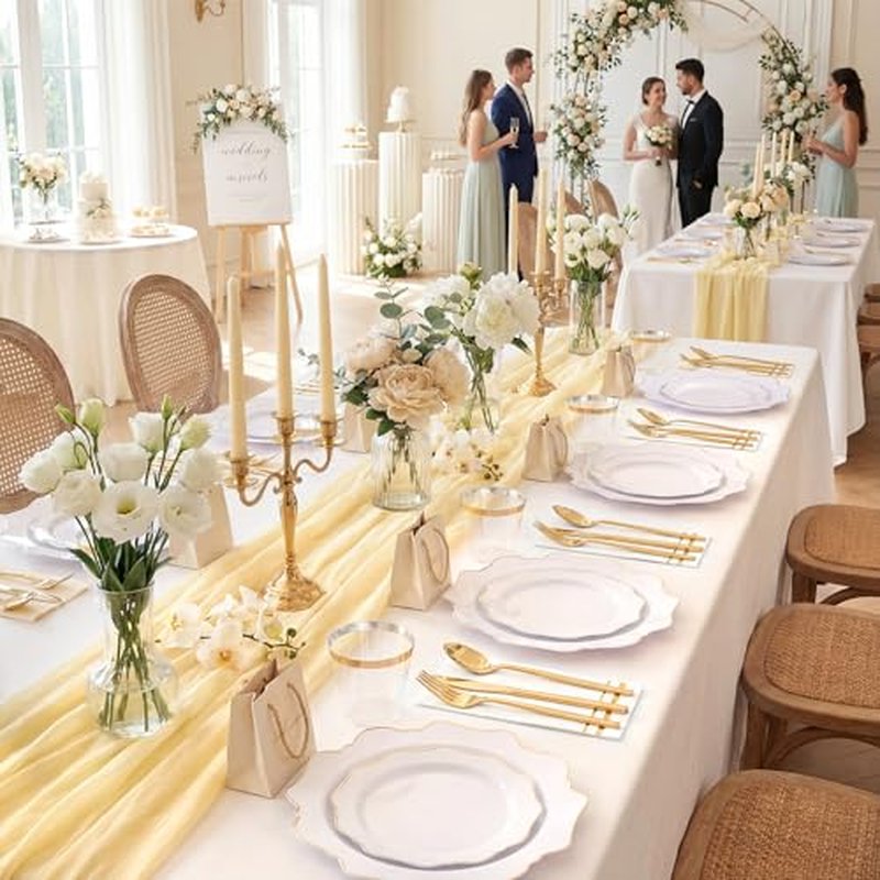 WDF 350PCS White and Gold Plastic Plates - Gold Plates Disposable 50Guest Plastic Dinnerware Ideal for Party/Wedding/Birthday/Mother's Day
