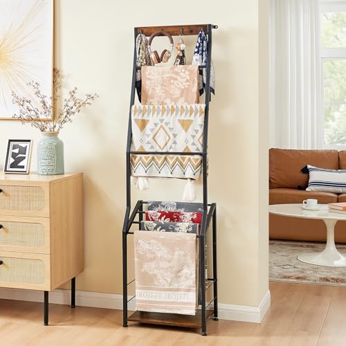 7-Tier Blanket Ladder Shelf with Hooks, Rustic Wooden Towel Rack for Storage