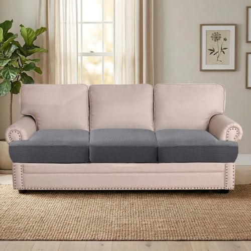 Stretch T Cushion Sofa Slipcovers - 3 Piece Set, Gray Jacquard